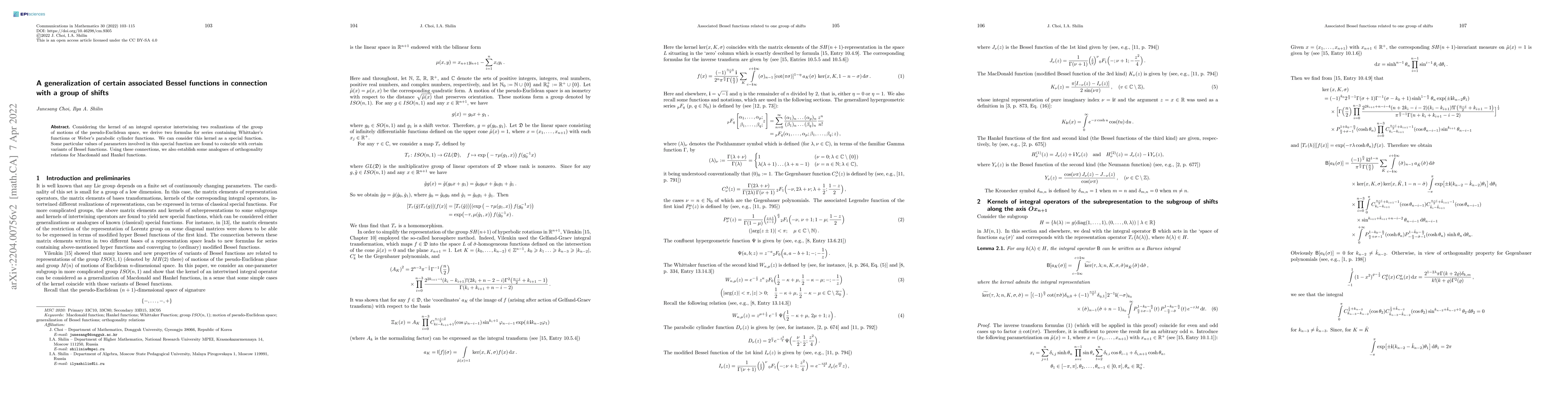 Thumbnail for A generalization of certain associated Bessel functions in connection
  with a group of shifts