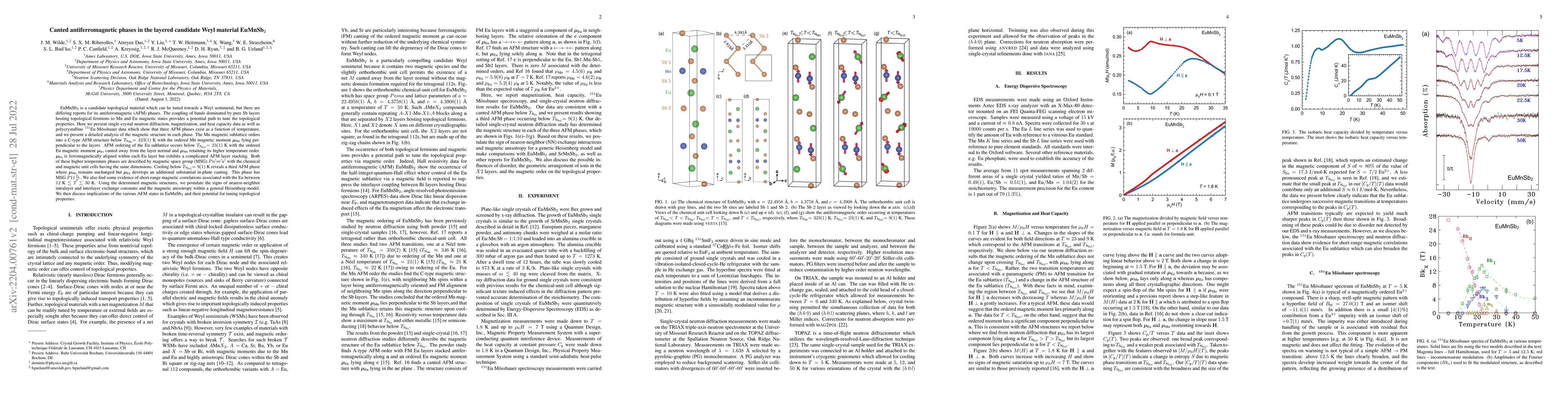Thumbnail for Canted Antiferromagnetic phases in the layered candidate Weyl material
  EuMnSb$_2$