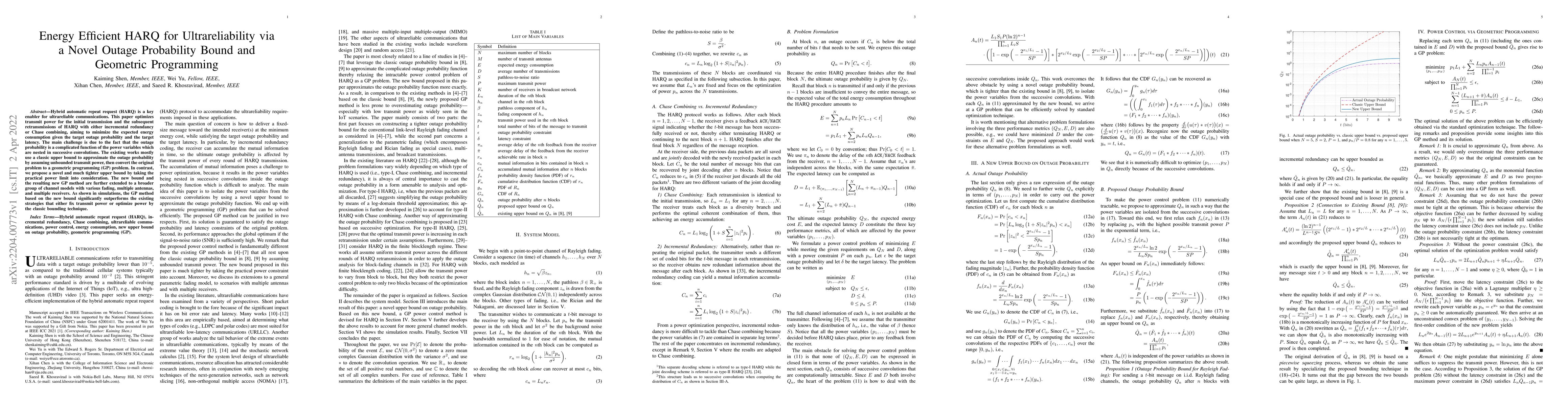 Thumbnail for Energy Efficient HARQ for Ultrareliability via Novel Outage Probability
  Bound and Geometric Programming