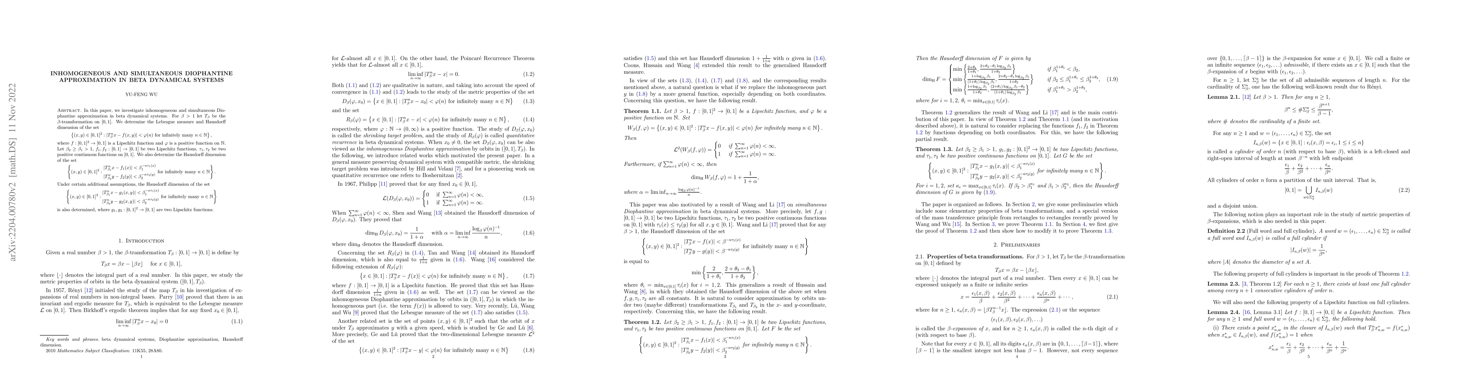 Thumbnail for Inhomogeneous and simultaneous Diophantine approximation in beta
  dynamical systems
