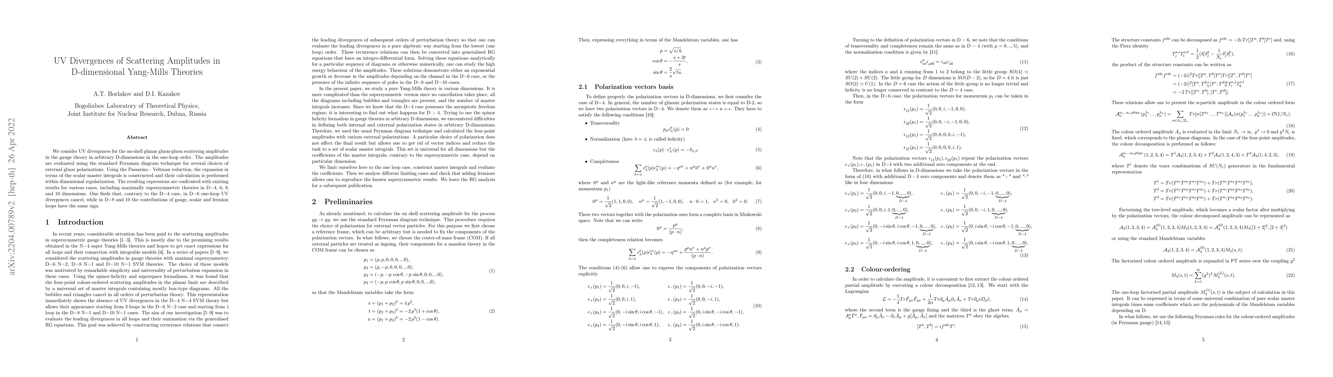 Thumbnail for UV Divergences of Scattering Amplitudes in D-dimensional Yang-Mills
  Theories