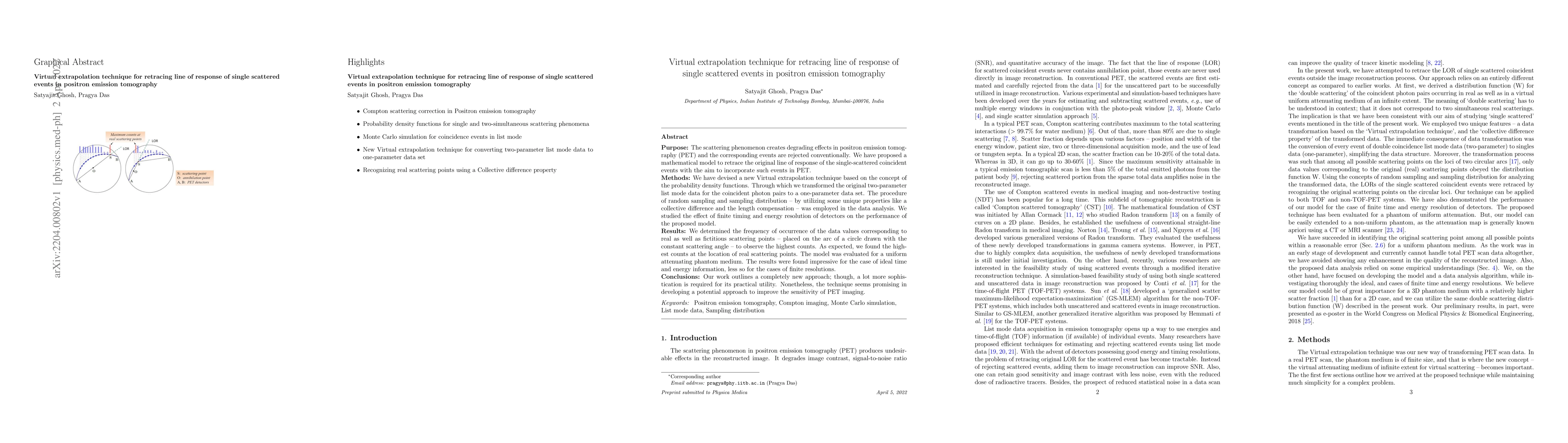 Thumbnail for Virtual extrapolation technique for retracing line of response of single
  scattered events in positron emission tomography