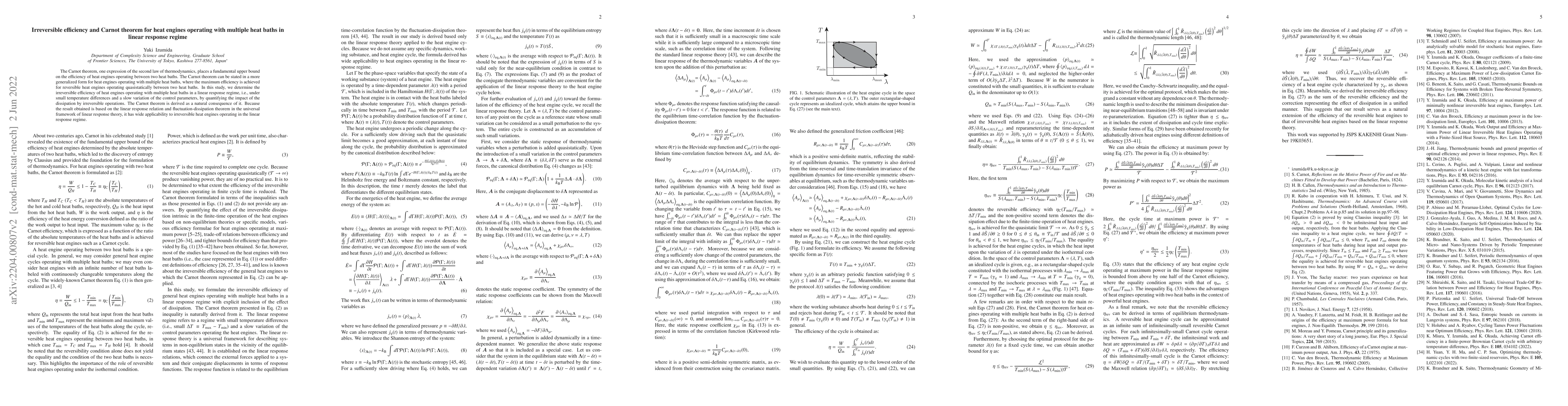 Thumbnail for Irreversible efficiency and Carnot theorem for heat engines operating
  with multiple heat baths in linear response regime
