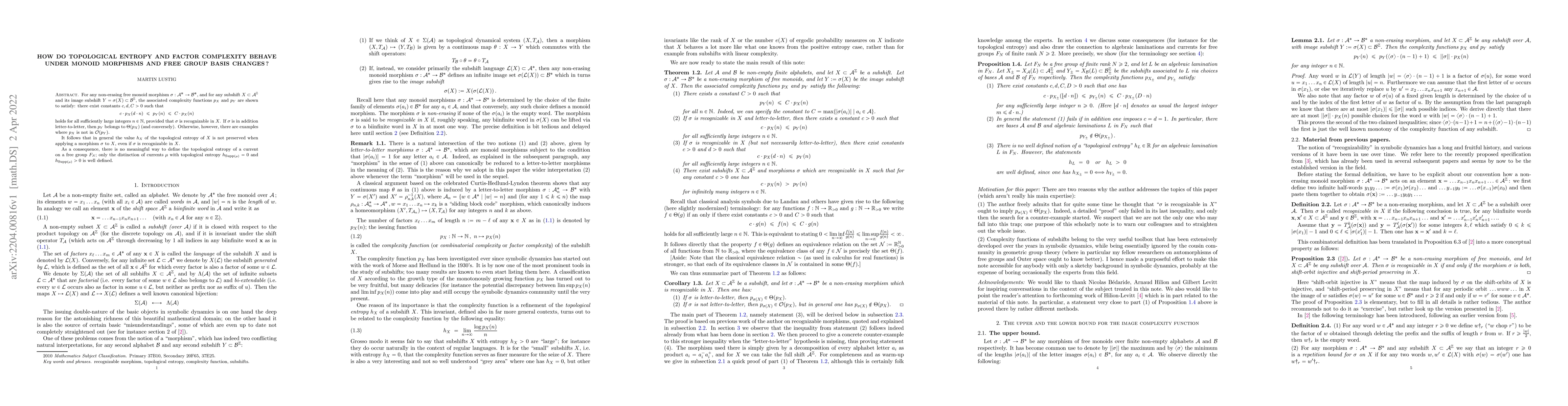Thumbnail for How do topological entropy and factor complexity behave under monoid
  morphisms and free group basis changes ?