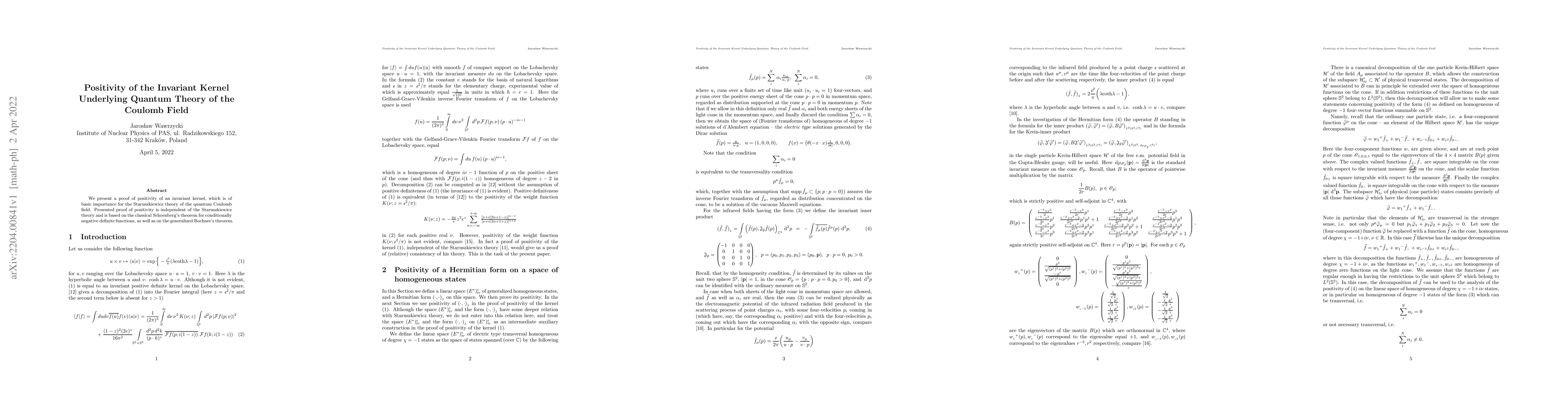 Thumbnail for Positivity of the Invariant Kernel Underlying Quantum Theory of the
  Coulomb Field