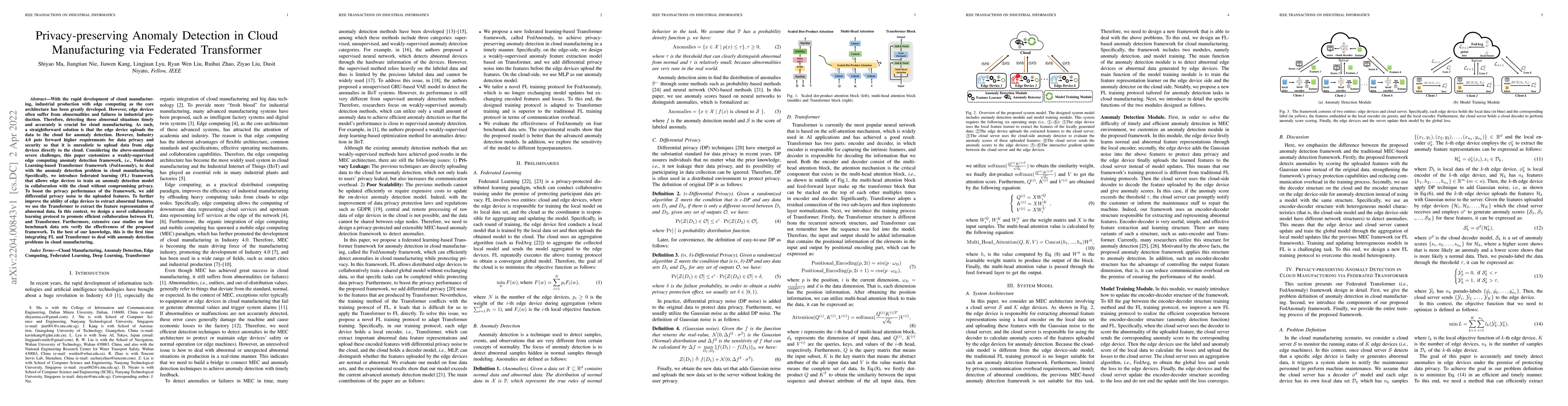 Thumbnail for Privacy-preserving Anomaly Detection in Cloud Manufacturing via
  Federated Transformer