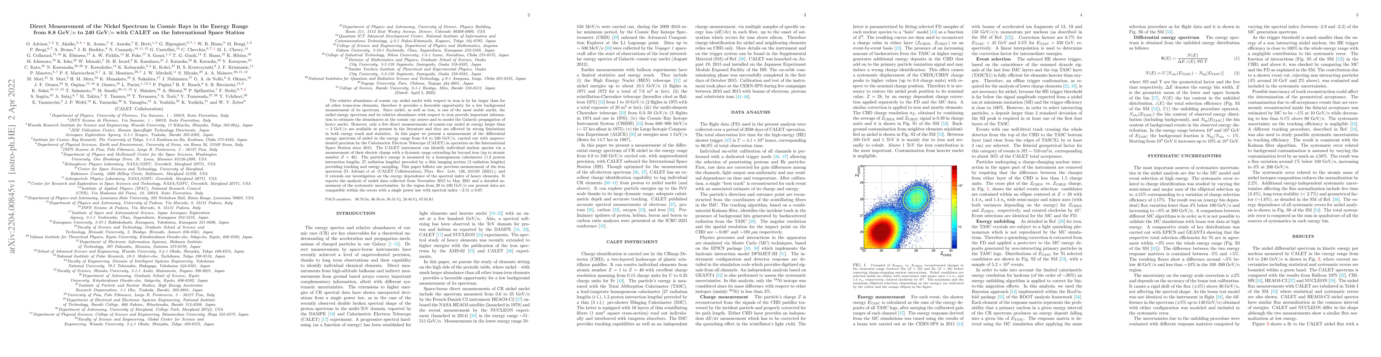Thumbnail for Direct Measurement of the Nickel Spectrum in Cosmic Rays in the Energy
  Range from 8.8 GeV/n to 240 GeV/n with CALET on the International Space
  Station