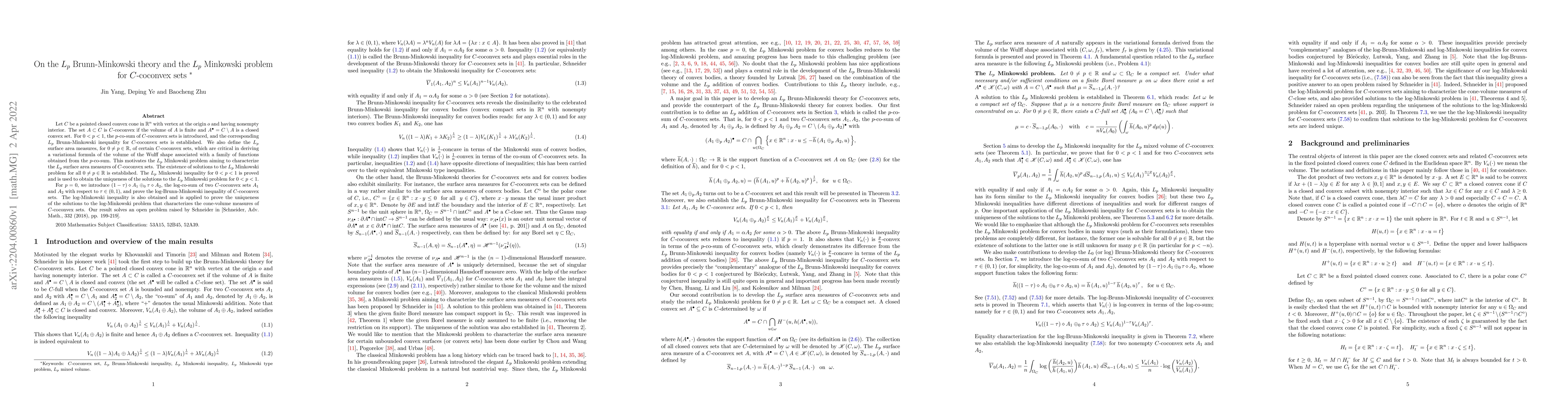 Thumbnail for On the $L_p$ Brunn-Minkowski theory and the $L_p$ Minkowski problem for
  $C$-coconvex sets