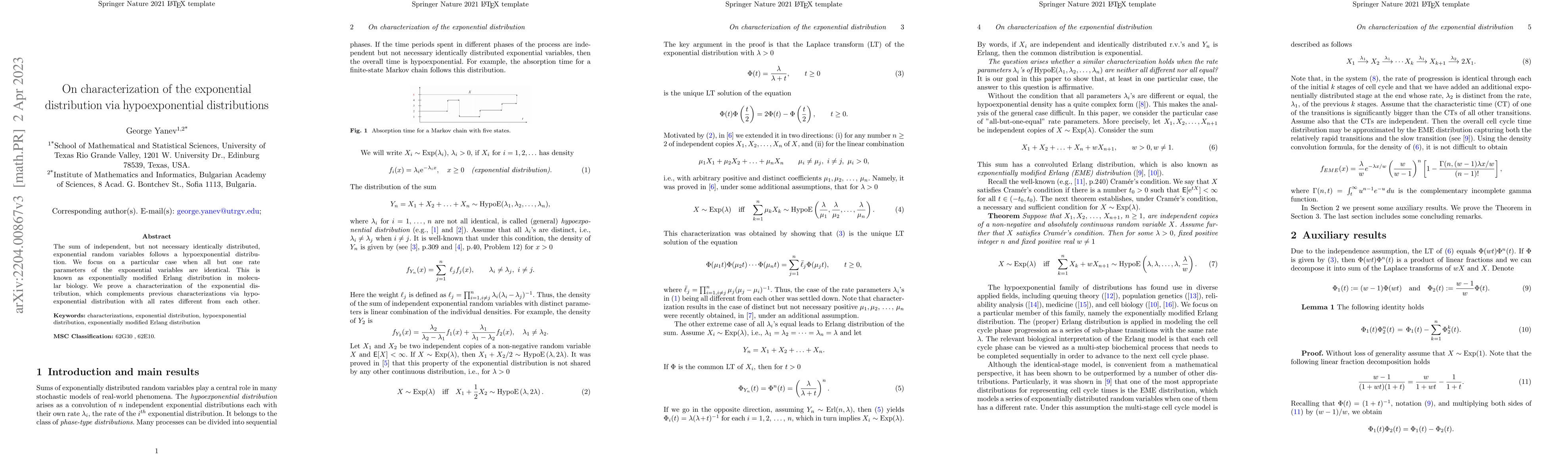 Thumbnail for On characterization of the exponential distribution via hypoexponential
  distributions