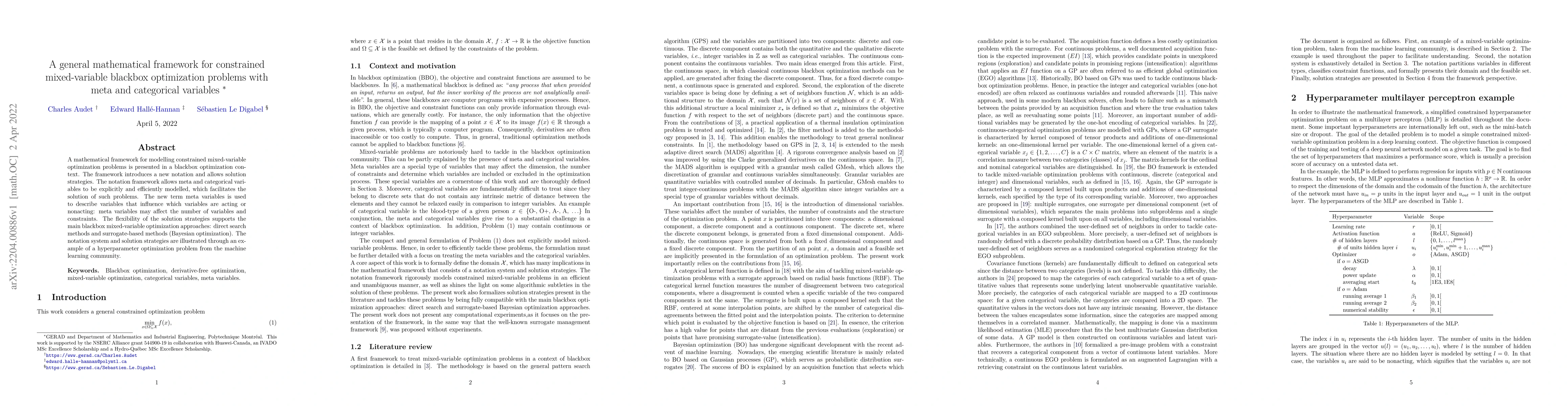Thumbnail for A general mathematical framework for constrained mixed-variable blackbox
  optimization problems with meta and categorical variables