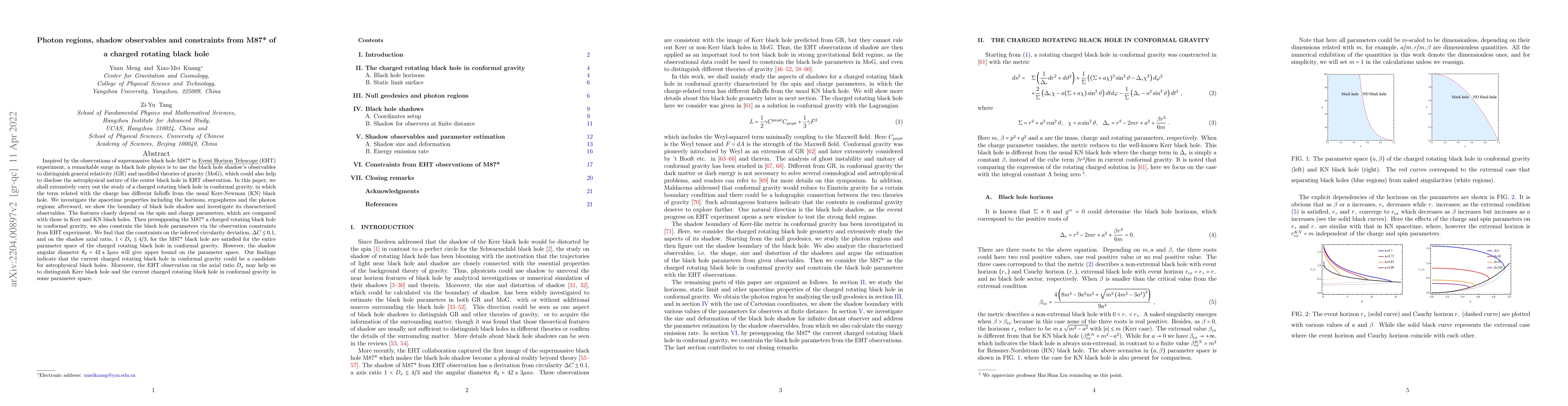 Thumbnail for Photon regions, shadow observables and constraints from M87* of a
  charged rotating black hole