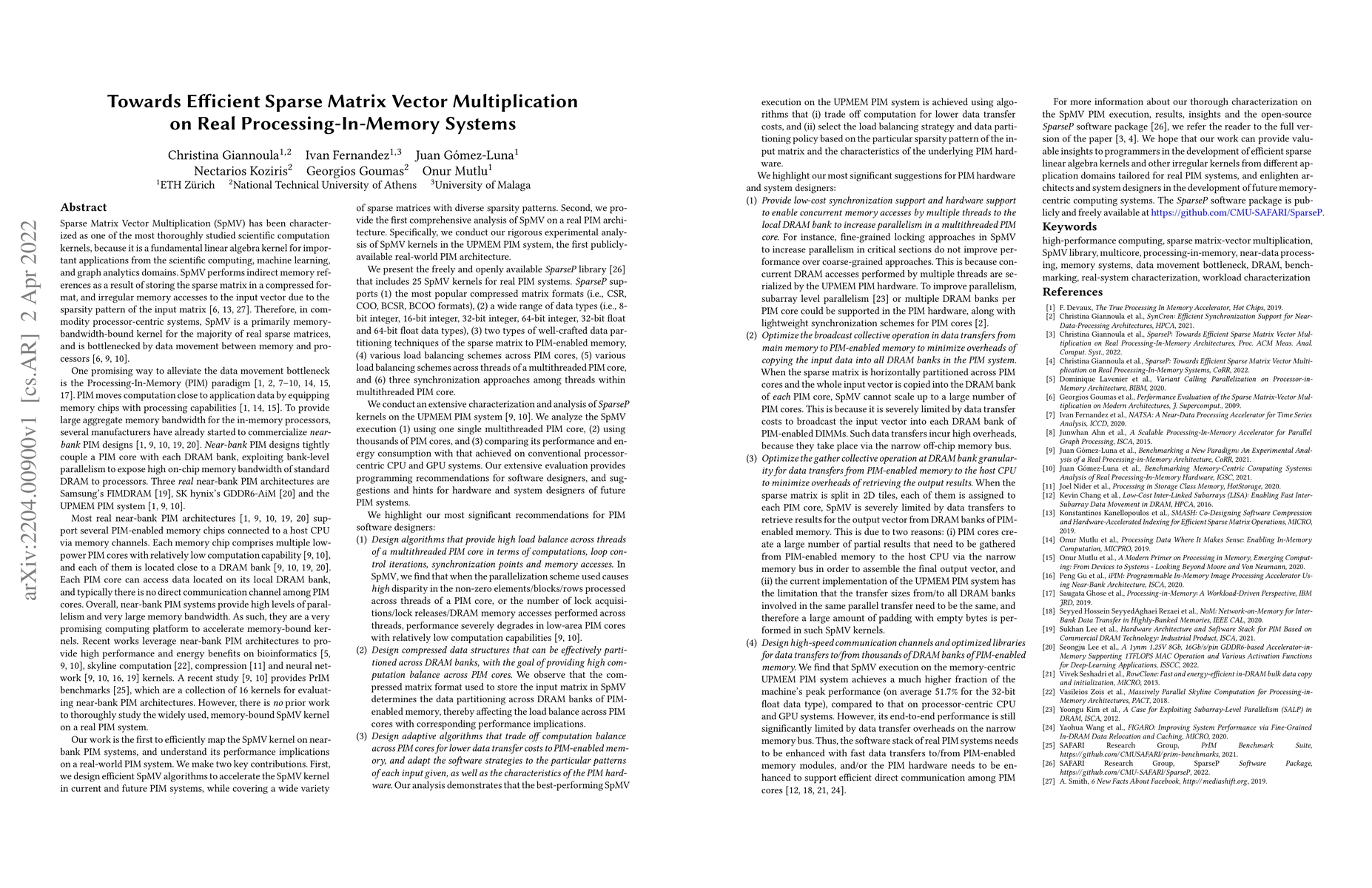 Thumbnail for Towards Efficient Sparse Matrix Vector Multiplication on Real
  Processing-In-Memory Systems