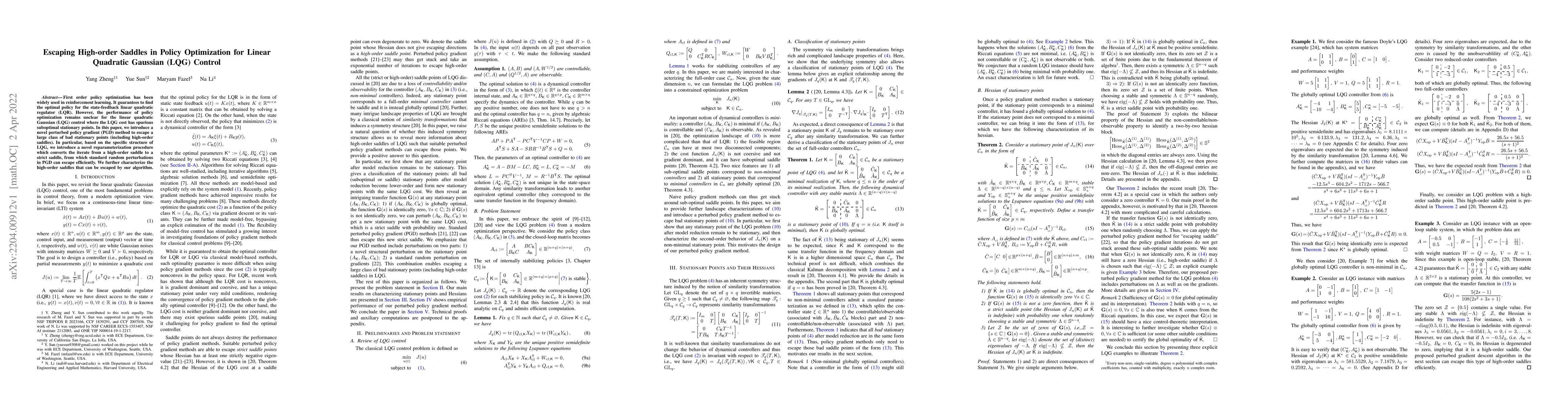 Thumbnail for Escaping High-order Saddles in Policy Optimization for Linear Quadratic
  Gaussian (LQG) Control