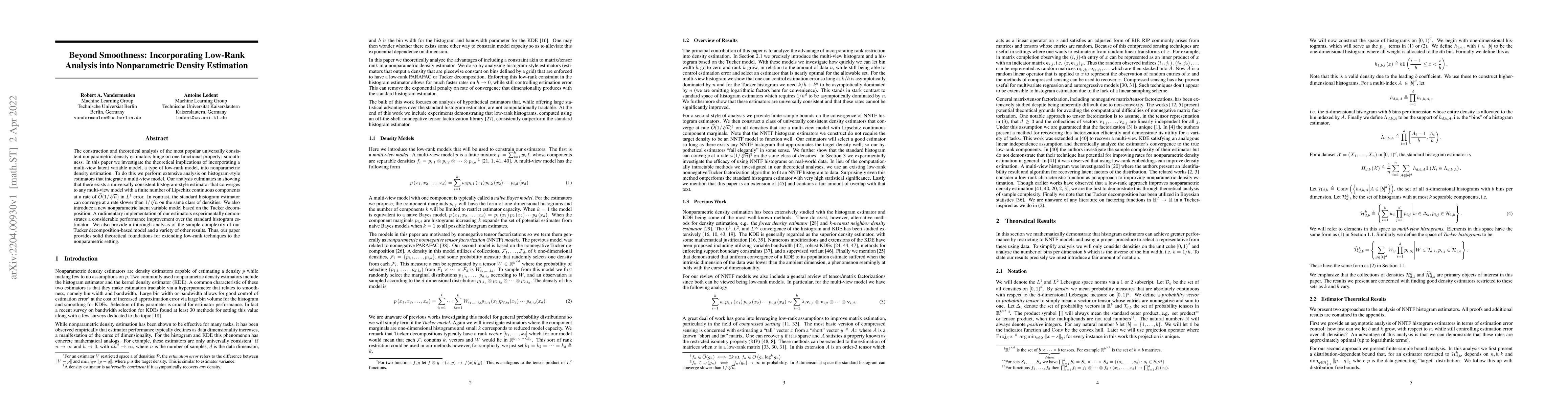 Thumbnail for Beyond Smoothness: Incorporating Low-Rank Analysis into Nonparametric
  Density Estimation