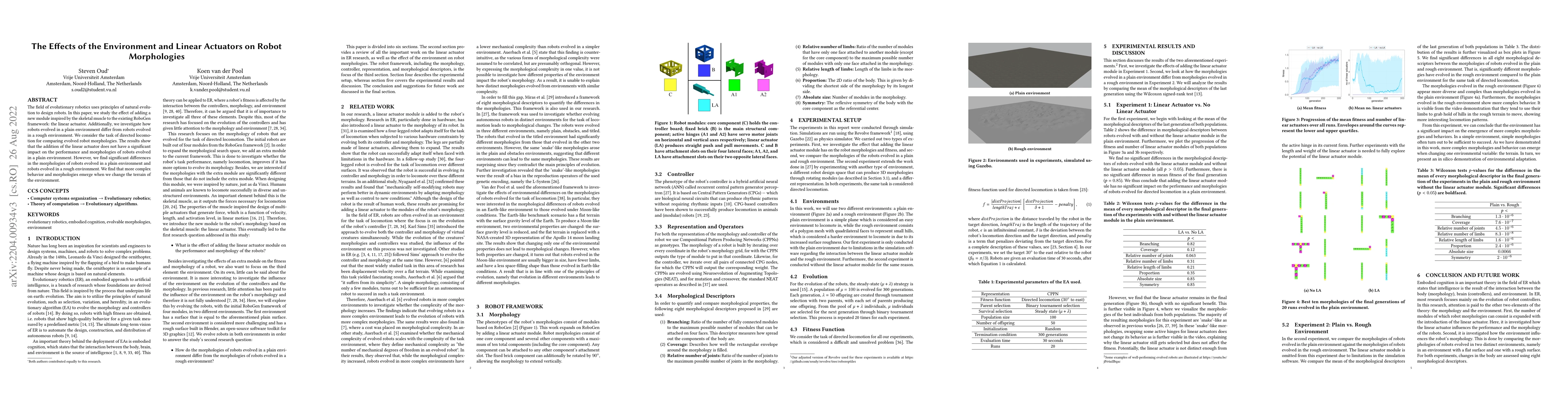 Thumbnail for The Effects of the Environment and Linear Actuators on Robot
  Morphologies