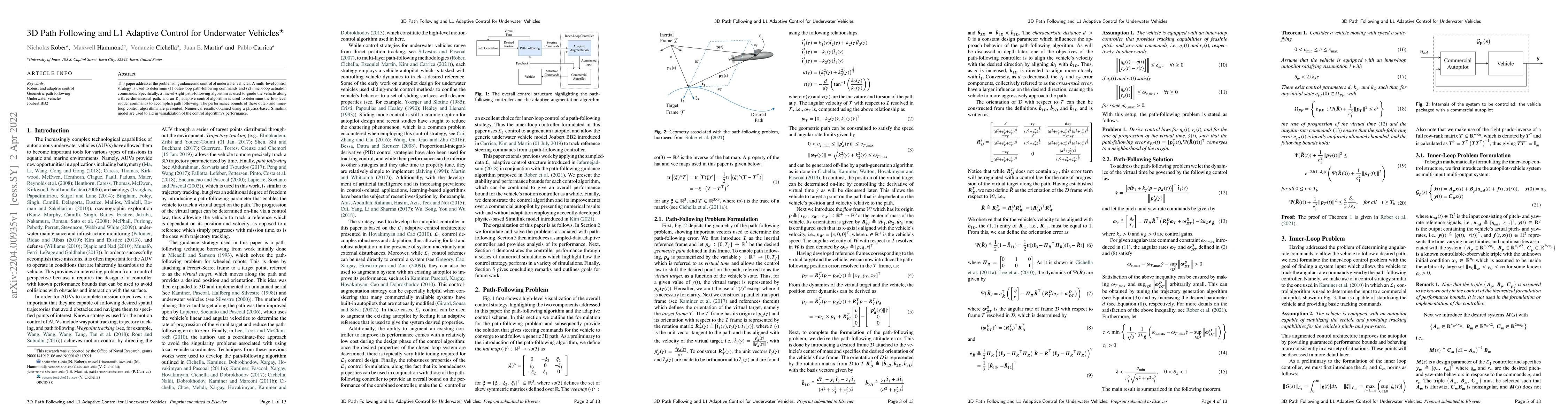 Thumbnail for 3D Path Following and L1 Adaptive Control for Underwater Vehicles