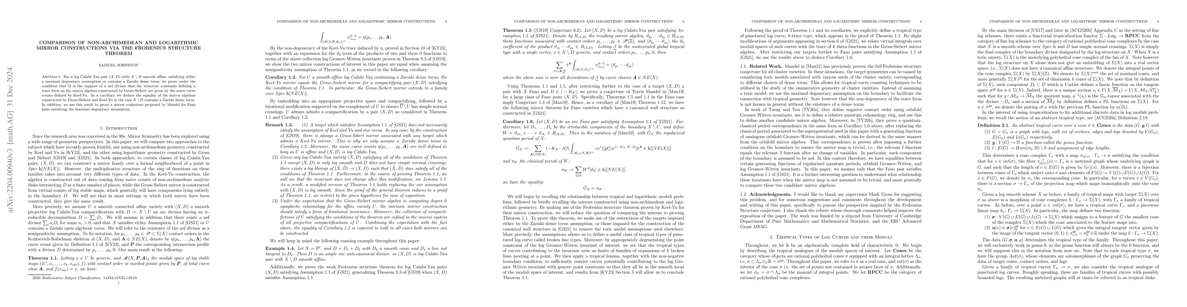 Thumbnail for Comparison of non-archimedean and logarithmic mirror constructions via
  the Frobenius structure theorem