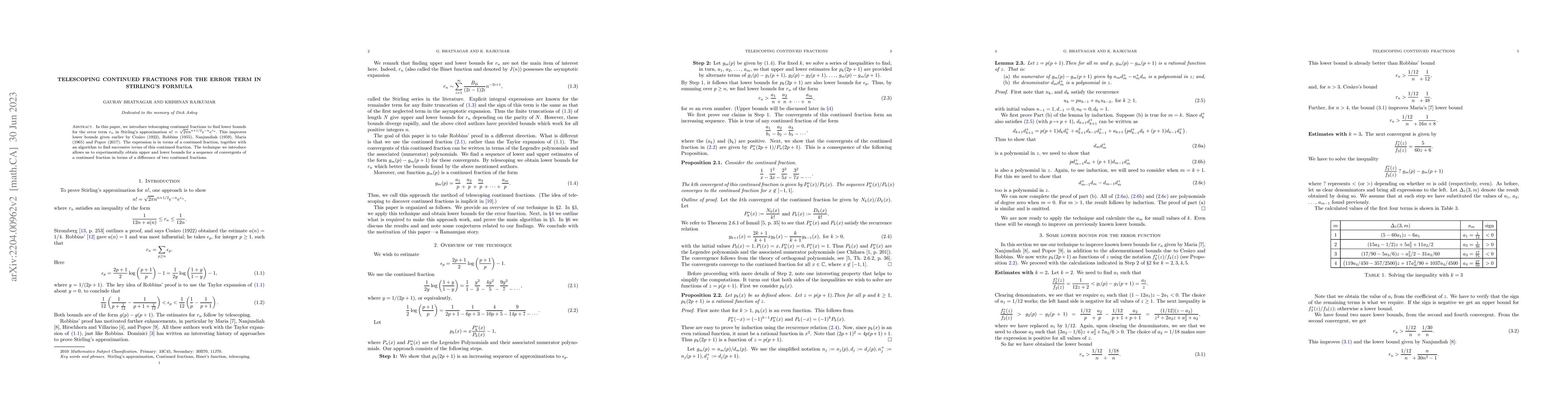 Thumbnail for Telescoping continued fractions for the error term in Stirling's formula