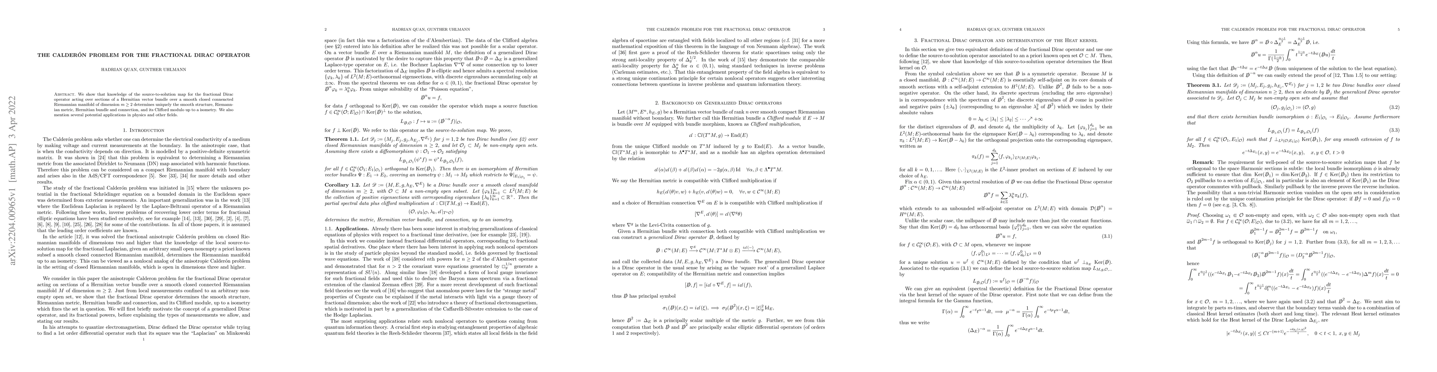 Thumbnail for The Calder\'on problem for the fractional Dirac operator