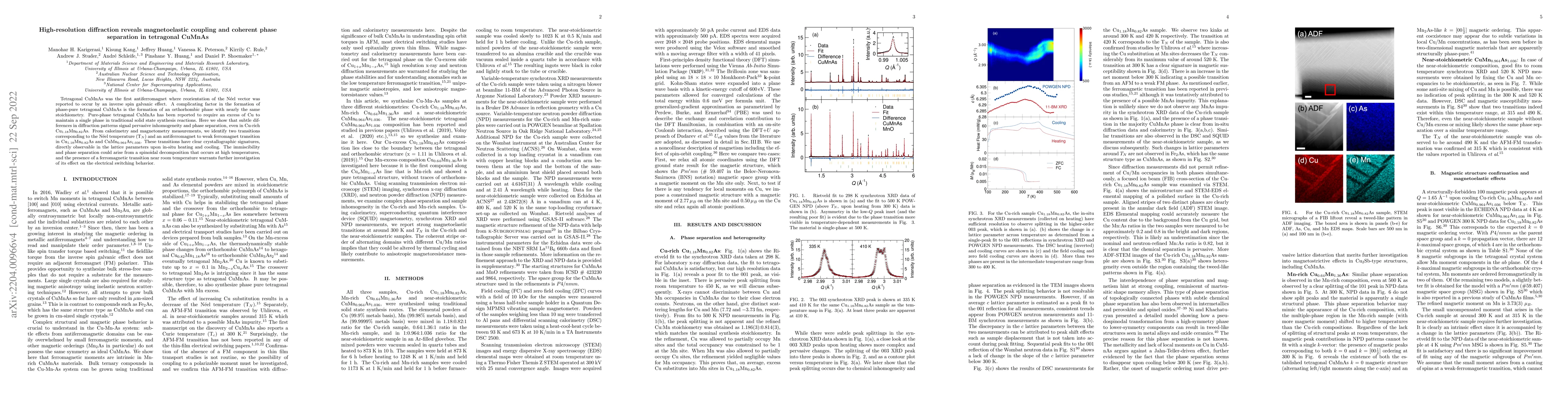 Thumbnail for High-resolution diffraction reveals magnetoelastic coupling and coherent
  phase separation in tetragonal CuMnAs