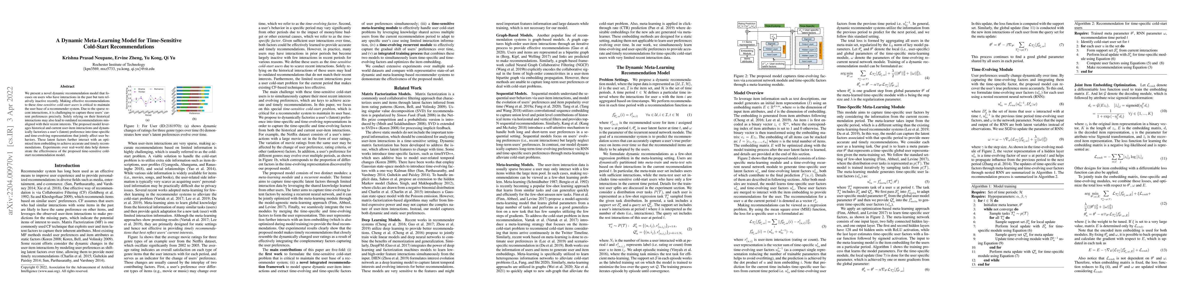 Thumbnail for A Dynamic Meta-Learning Model for Time-Sensitive Cold-Start
  Recommendations