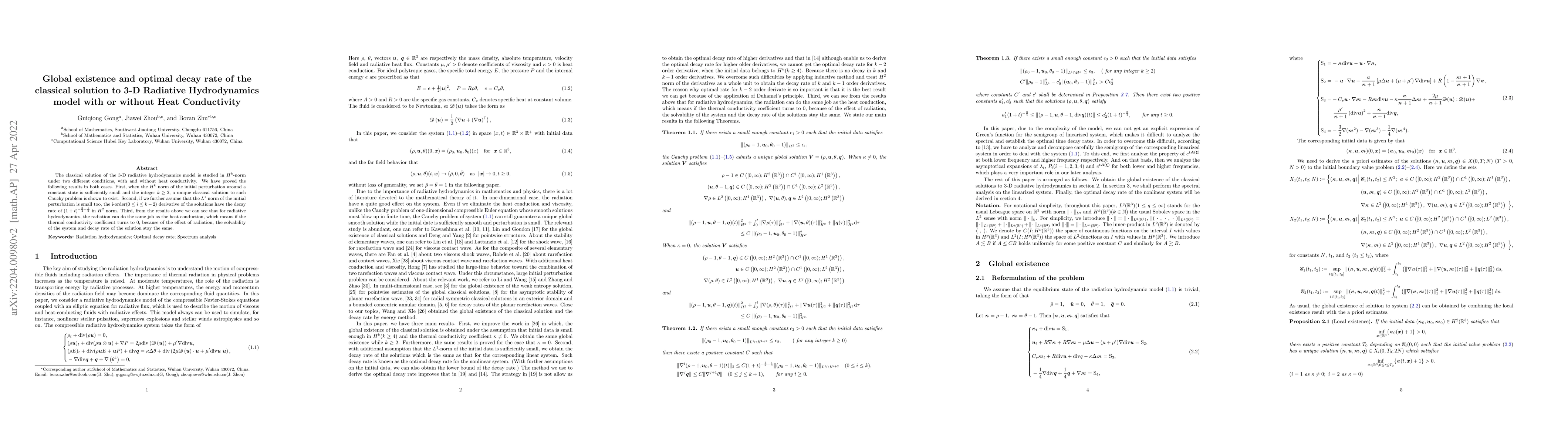 Thumbnail for Global existence and optimal decay rate of the classical solution to 3-D
  Radiative Hydrodynamics with and without Heat Conductivity