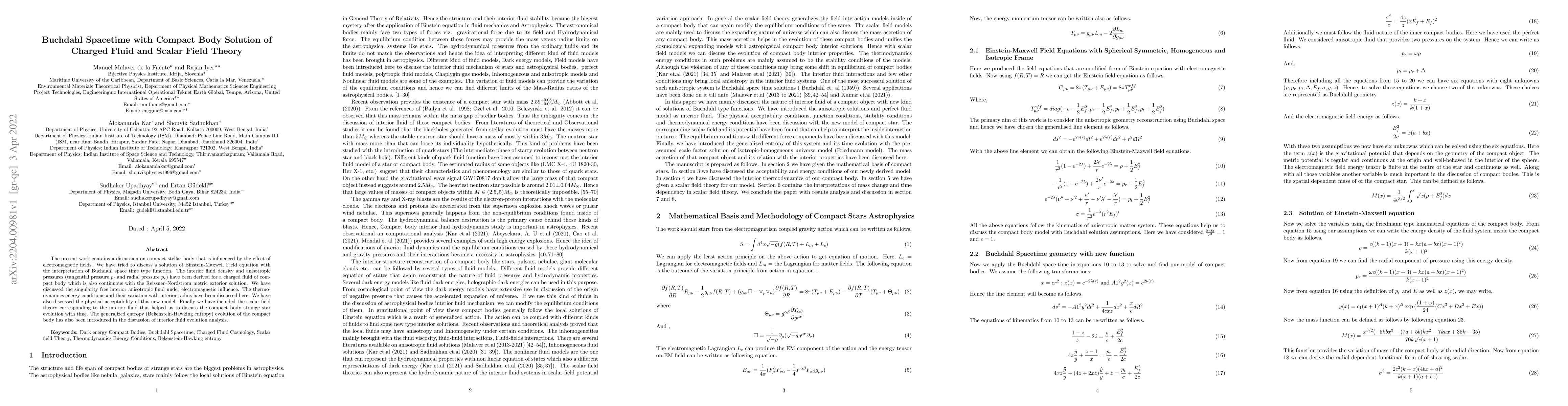 Thumbnail for Buchdahl Spacetime with Compact Body Solution of Charged Fluid and
  Scalar Field Theory