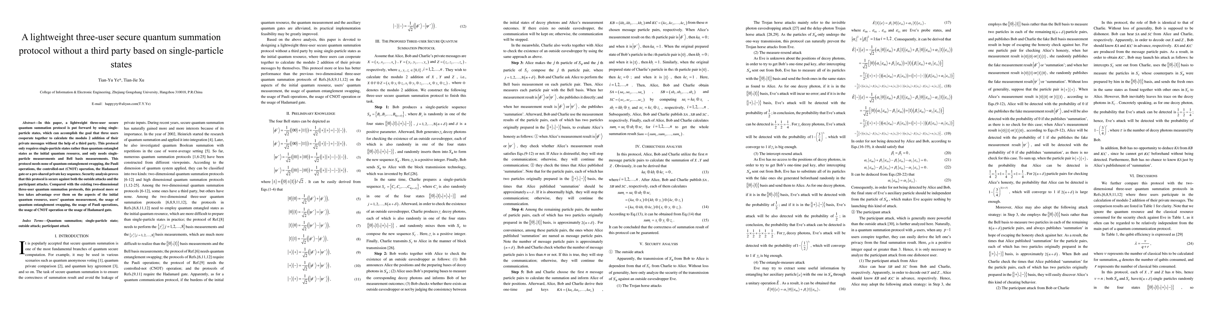 Thumbnail for A lightweight three-user secure quantum summation protocol without a
  third party based on single-particle states