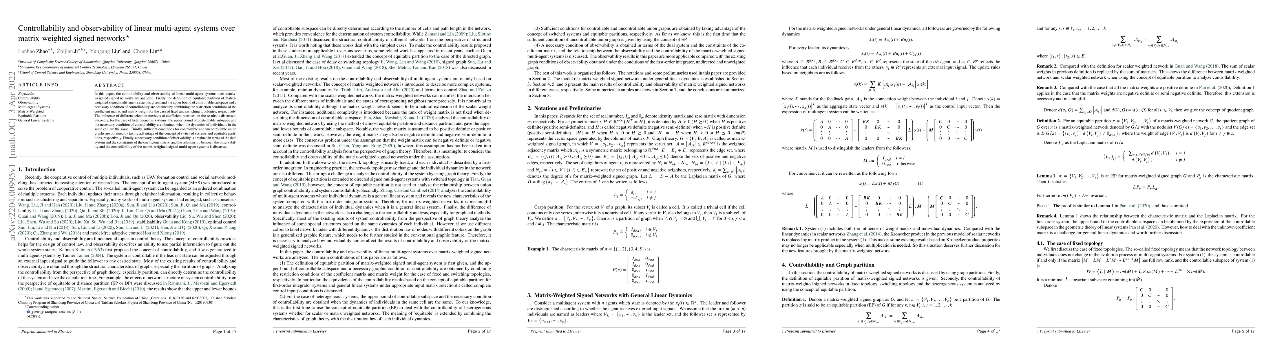 Thumbnail for Controllability and observability of linear multi-agent systems over
  matrix-weighted signed networks