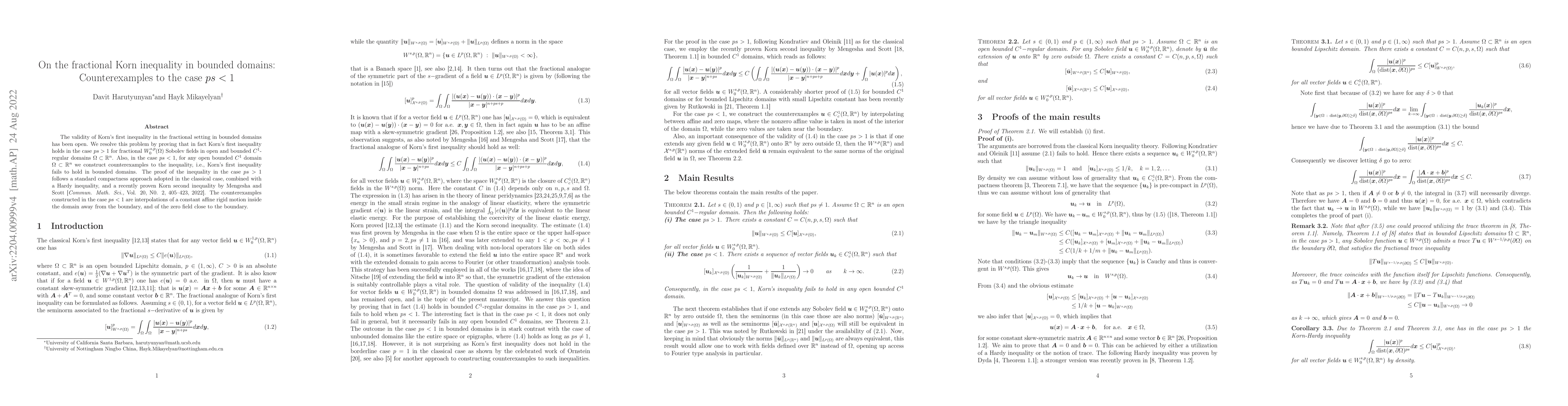 Thumbnail for On the fractional Korn inequality in bounded domains: Counterexamples to
  the case $ps<1$