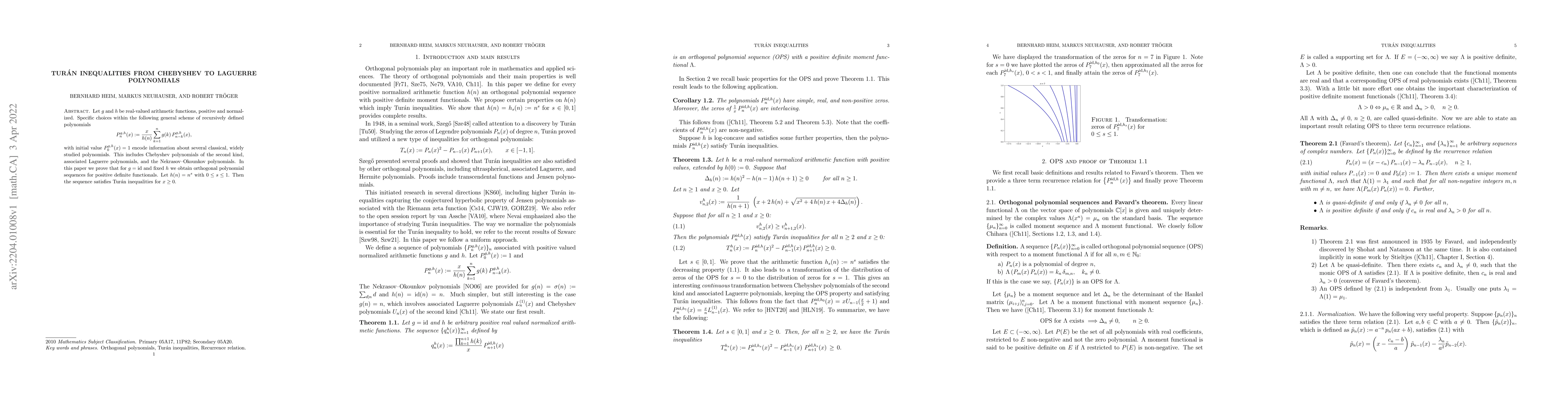 Thumbnail for Tur\'an inequalities from Chebyshev to Laguerre polynomials