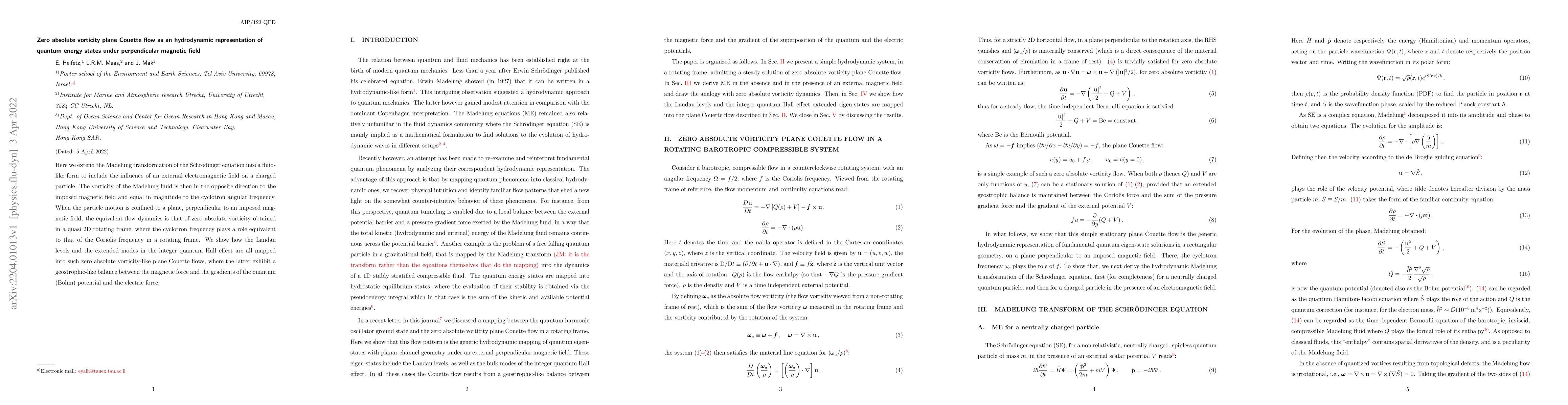 Thumbnail for Zero absolute vorticity plane Couette flow as an hydrodynamic
  representation of quantum energy states under perpendicular magnetic field