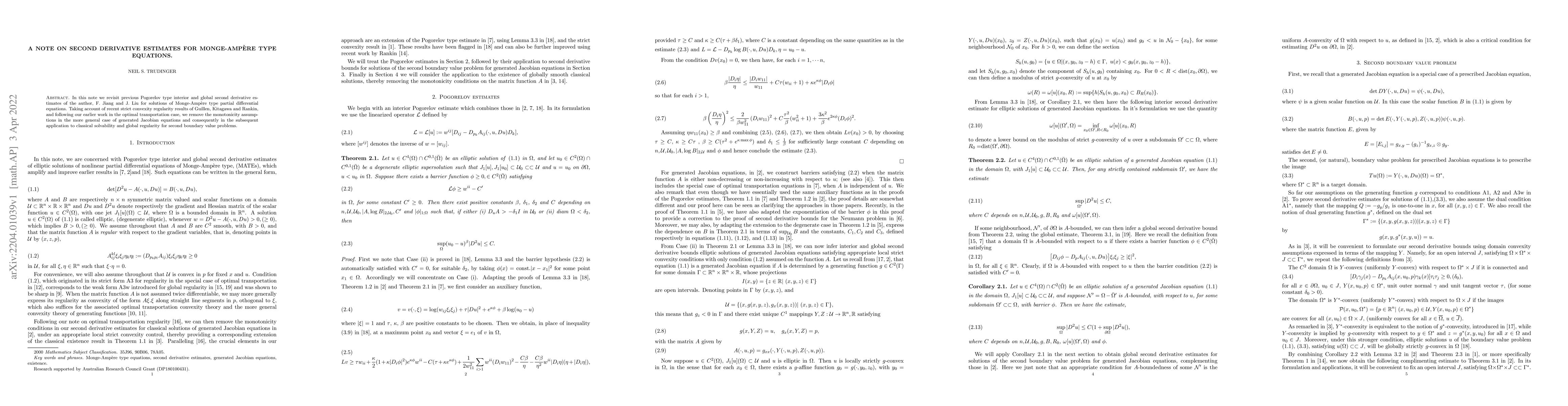 Thumbnail for A note on second derivative estimates for Monge-Ampe`re type equations