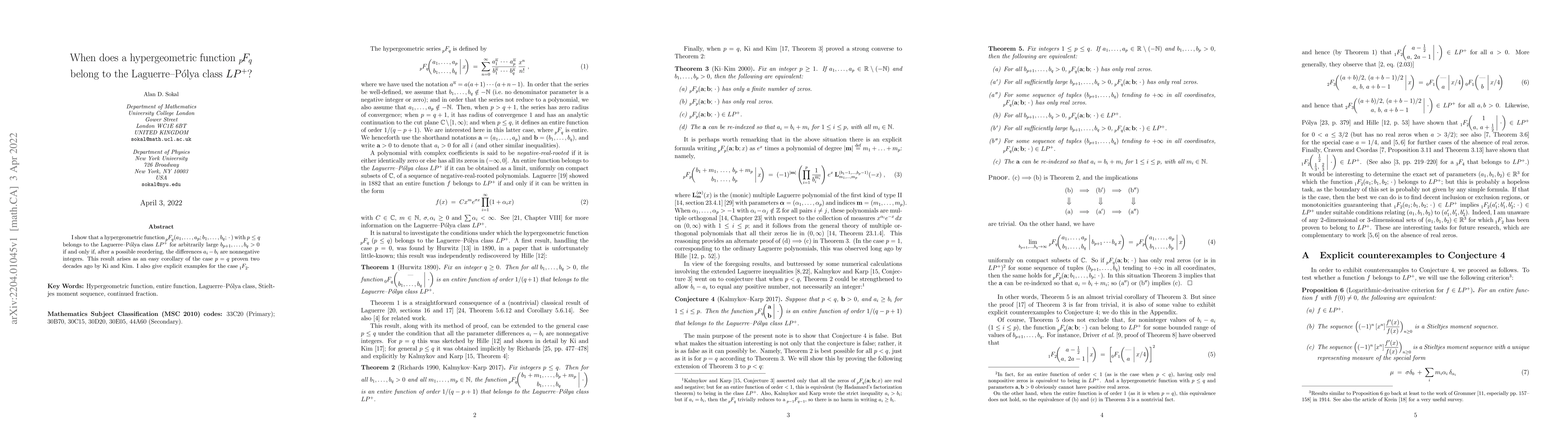 Thumbnail for When does a hypergeometric function ${}_{p\!}F_q$ belong to the
  Laguerre--P\'olya class $LP^+$?