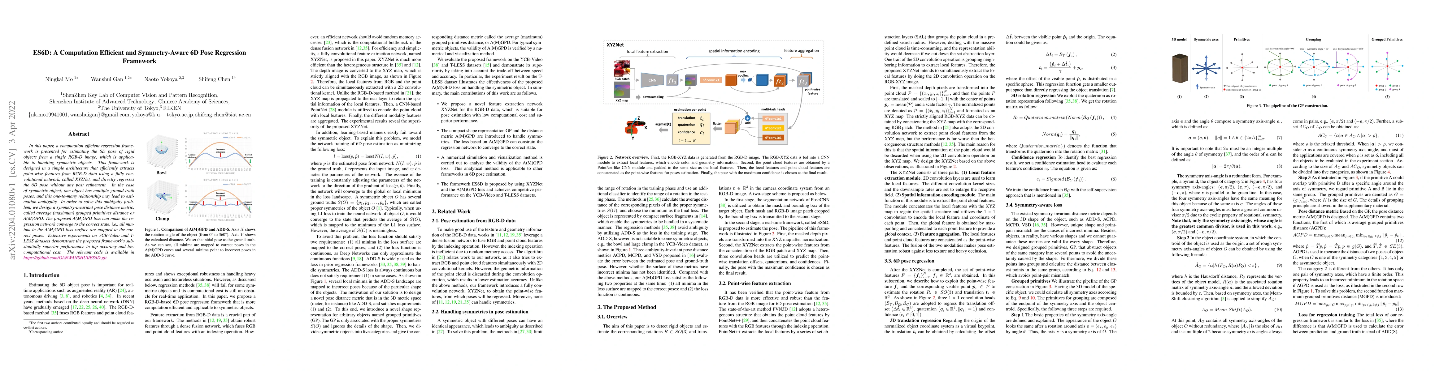 Thumbnail for ES6D: A Computation Efficient and Symmetry-Aware 6D Pose Regression
  Framework