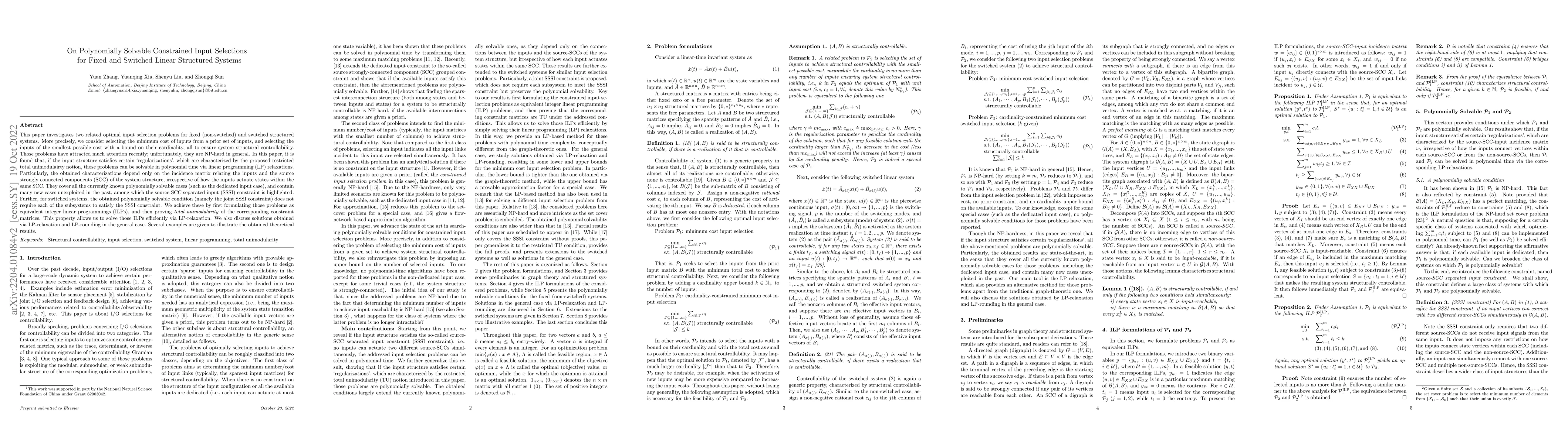 Thumbnail for On Polynomially Solvable Constrained Input Selections for Fixed and
  Switched Linear Structured Systems