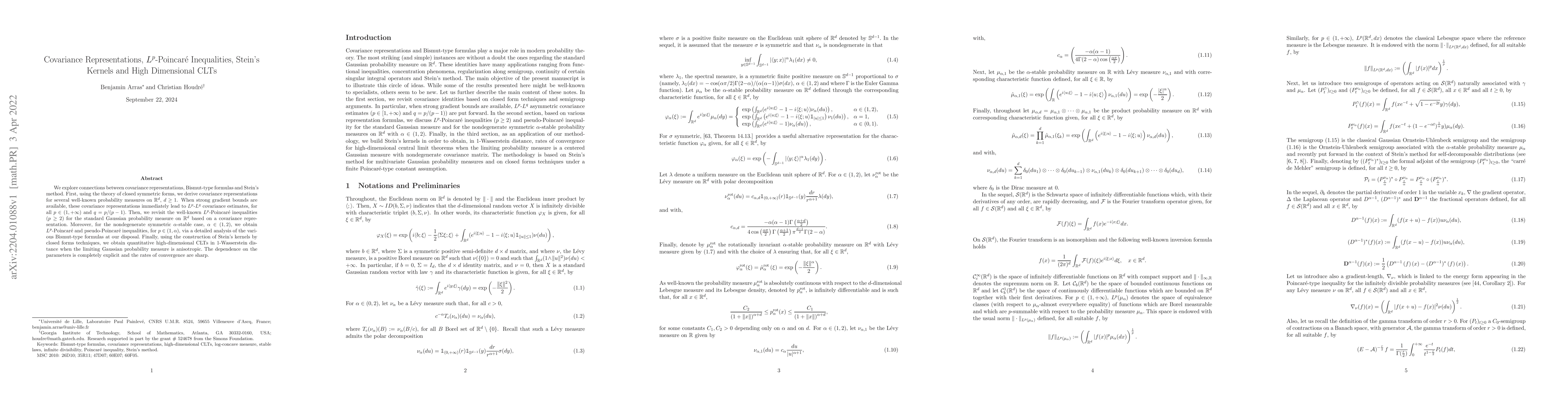 Thumbnail for Covariance Representations, $L^p$-Poincar\'e Inequalities, Stein's
  Kernels and High Dimensional CLTs