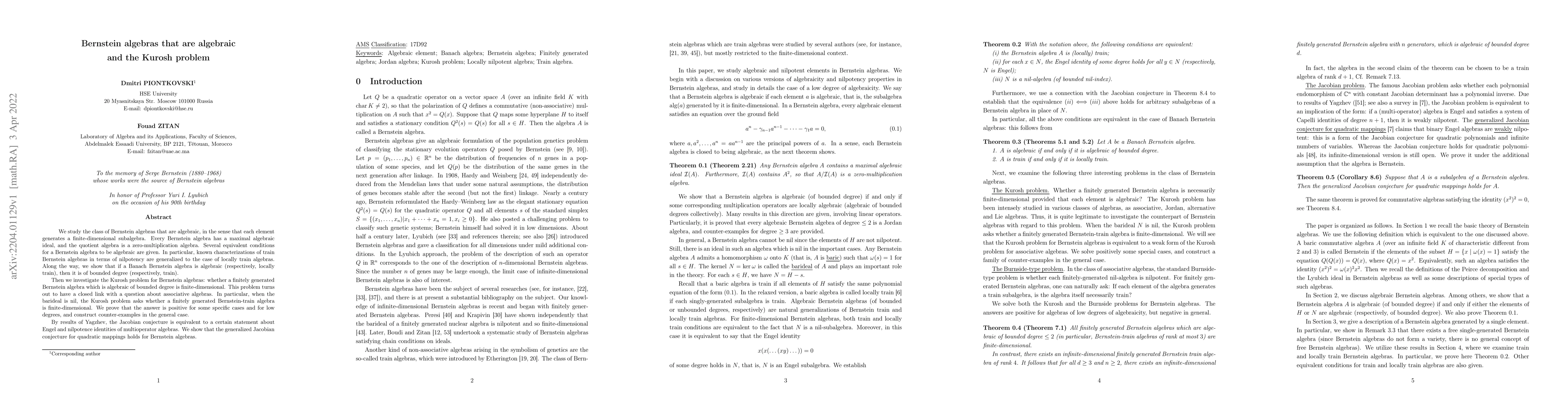 Thumbnail for Bernstein algebras that are algebraic and the Kurosh problem