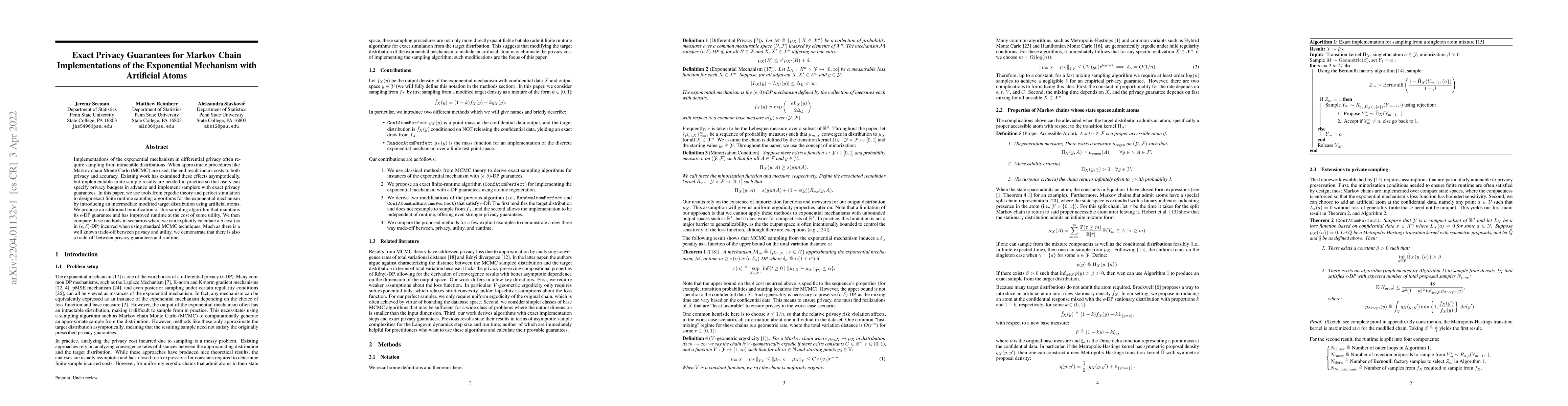 Thumbnail for Exact Privacy Guarantees for Markov Chain Implementations of the
  Exponential Mechanism with Artificial Atoms