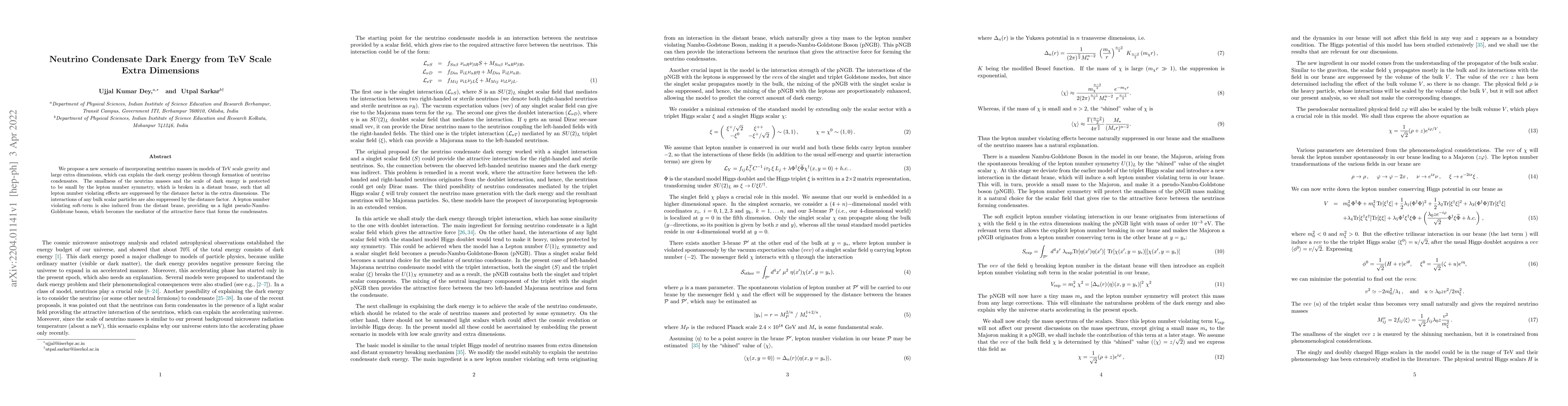 Thumbnail for Neutrino Condensate Dark Energy from TeV Scale Extra Dimensions