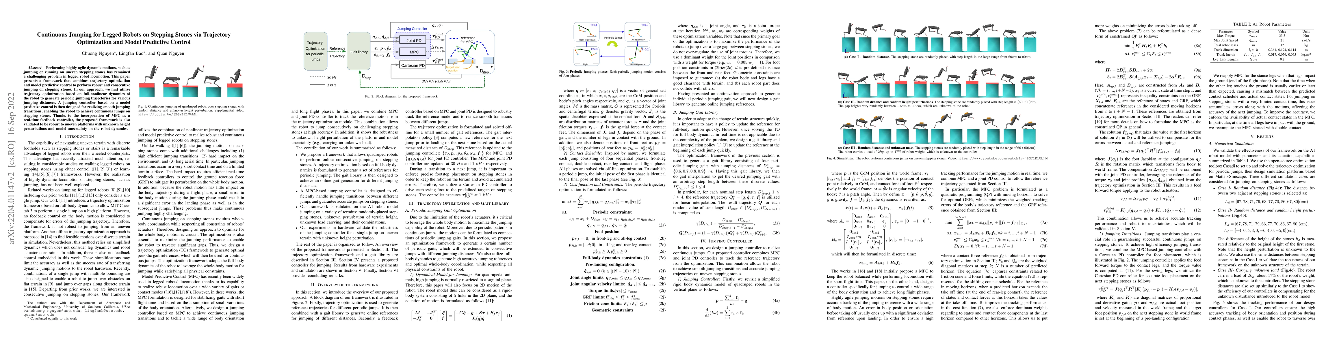 Thumbnail for Continuous Jumping for Legged Robots on Stepping Stones via Trajectory
  Optimization and Model Predictive Control