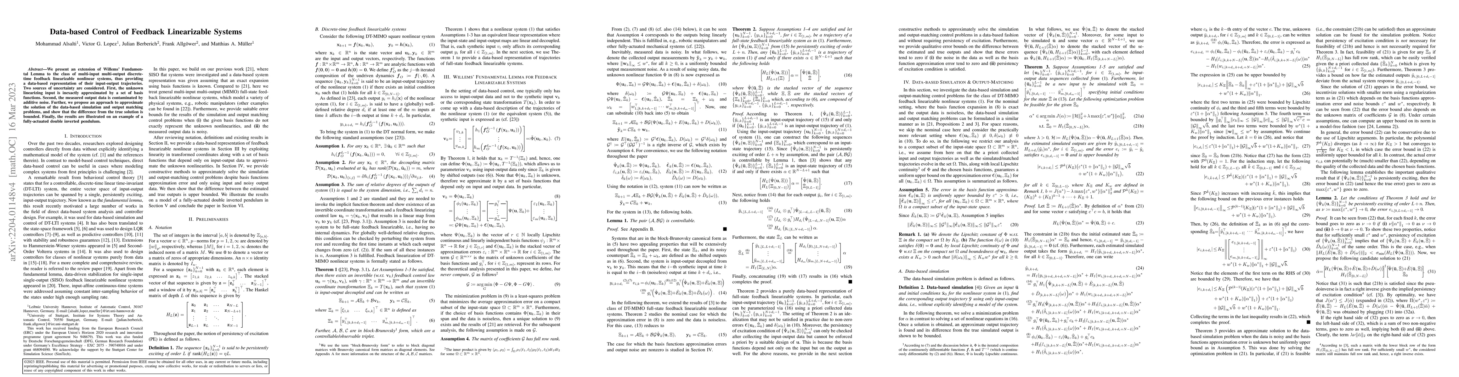 Thumbnail for Data-based Control of Feedback Linearizable Systems