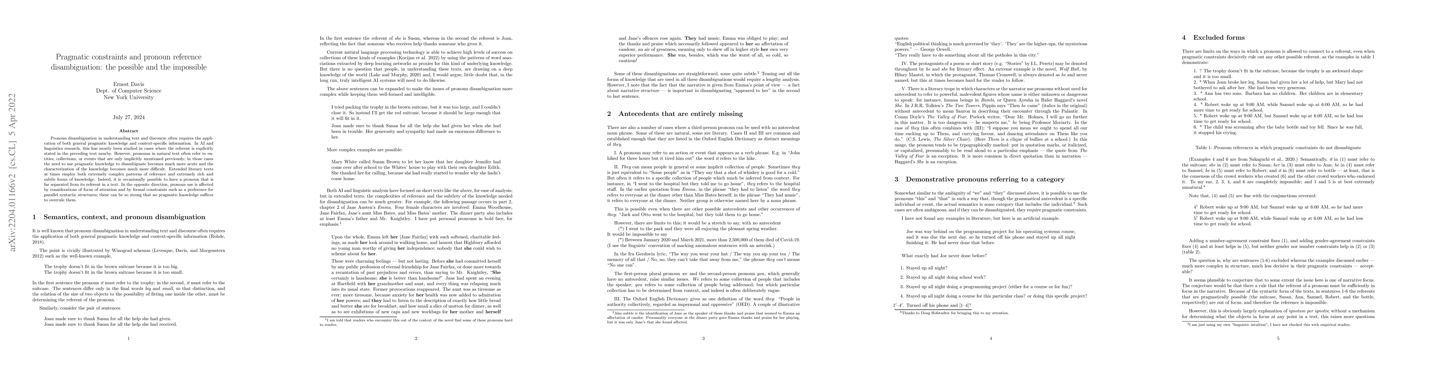Thumbnail for Pragmatic constraints and pronoun reference disambiguation: the possible
  and the impossible