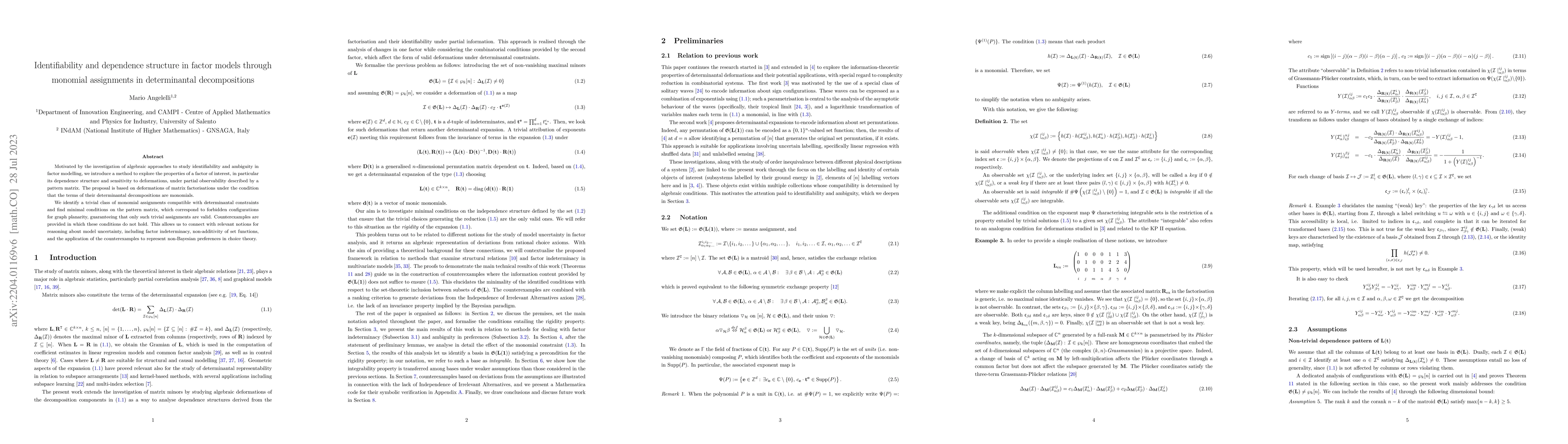 Thumbnail for Identifiability and dependence structure in factor models through
  monomial assignments in determinantal decompositions