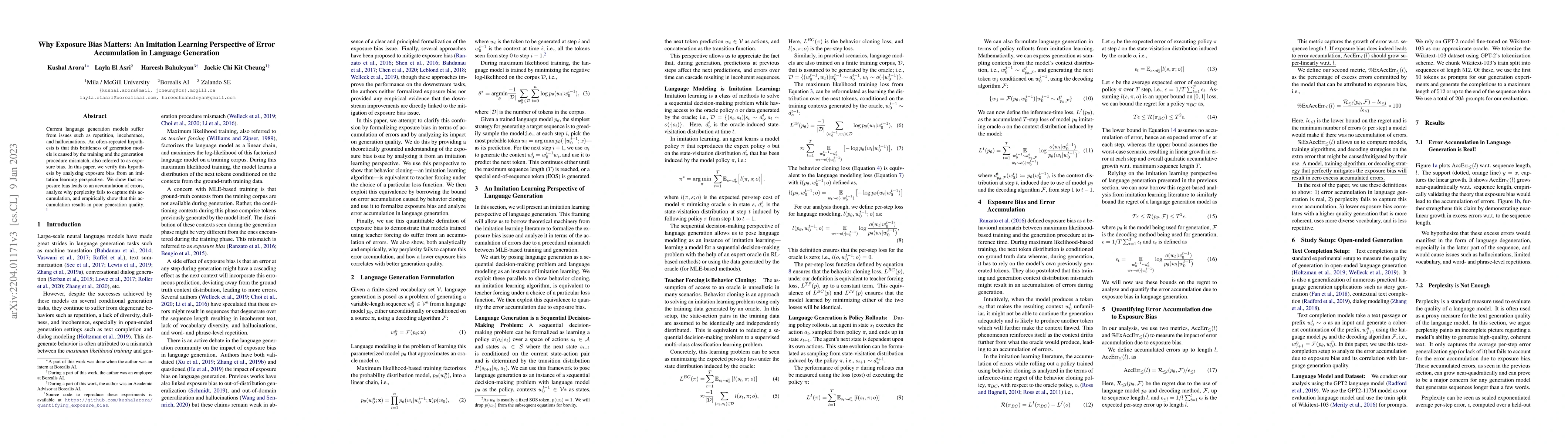 Thumbnail for Why Exposure Bias Matters: An Imitation Learning Perspective of Error
  Accumulation in Language Generation