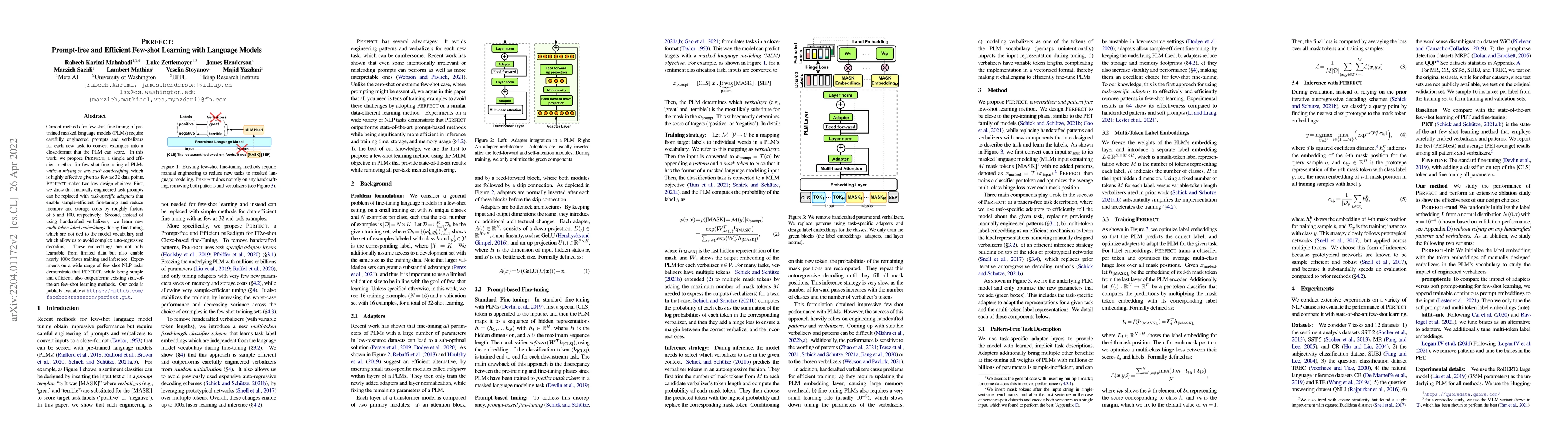 Thumbnail for PERFECT: Prompt-free and Efficient Few-shot Learning with Language
  Models