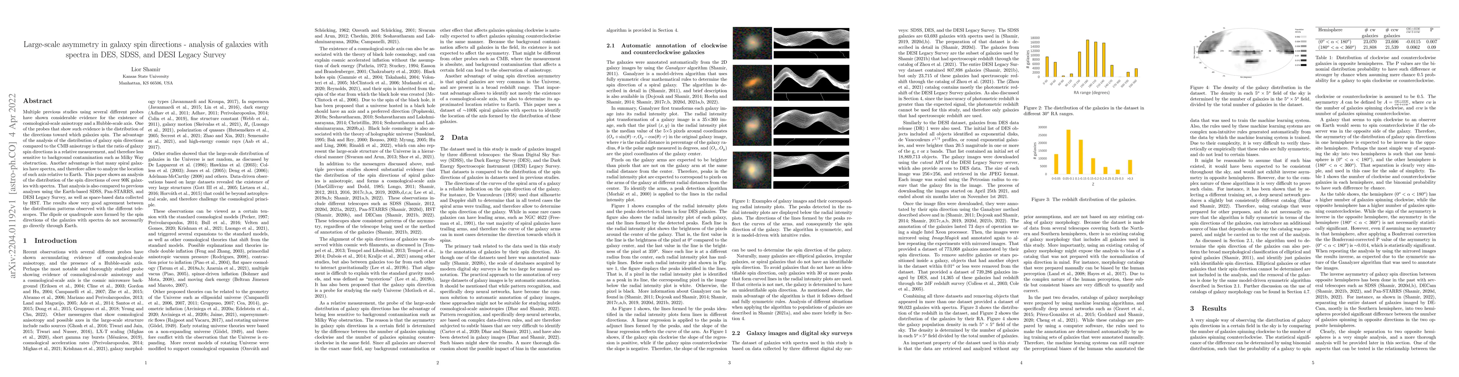 Thumbnail for Large-scale asymmetry in galaxy spin directions -- analysis of galaxies
  with spectra in DES, SDSS, and DESI Legacy Survey