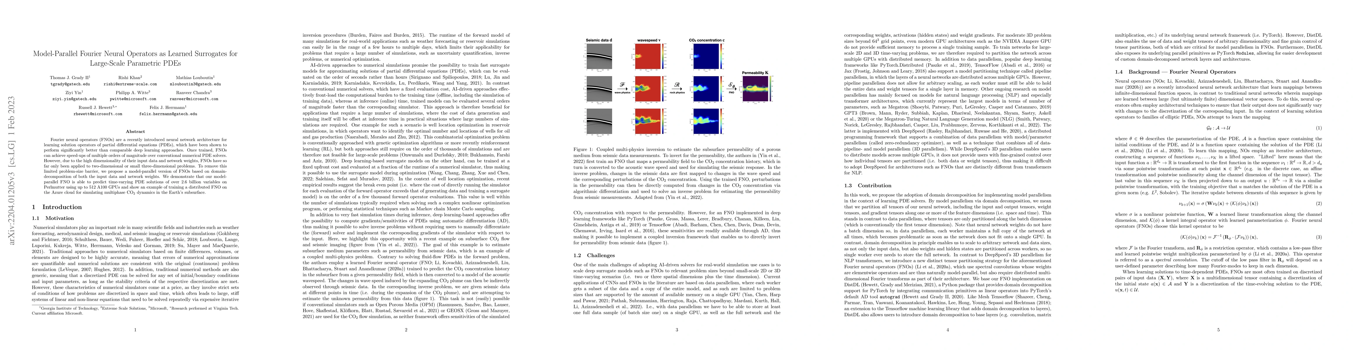 Thumbnail for Model-Parallel Fourier Neural Operators as Learned Surrogates for
  Large-Scale Parametric PDEs