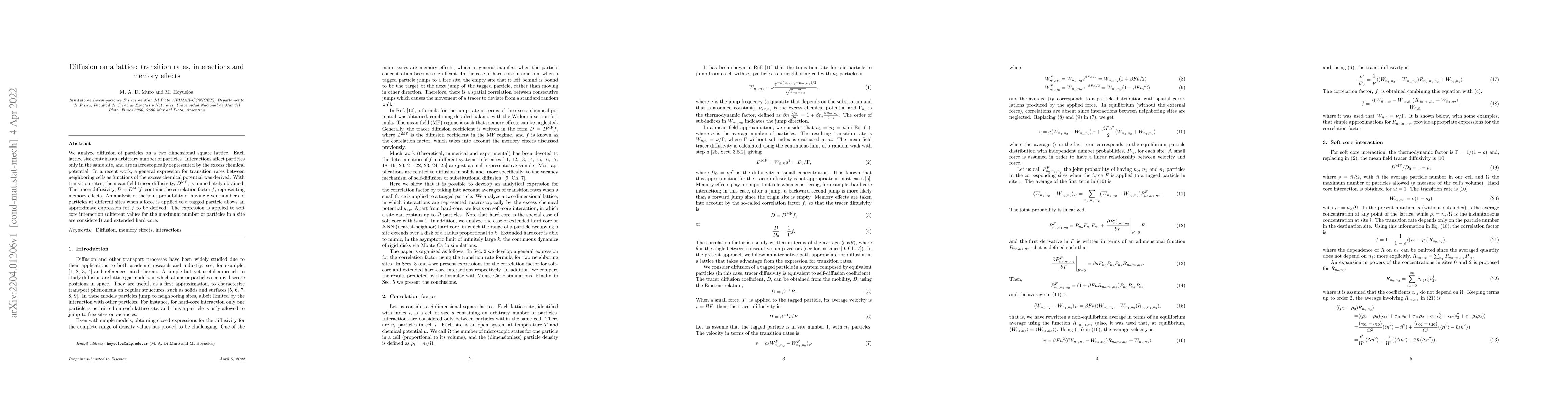 Thumbnail for Diffusion on a lattice: transition rates, interactions and memory
  effects