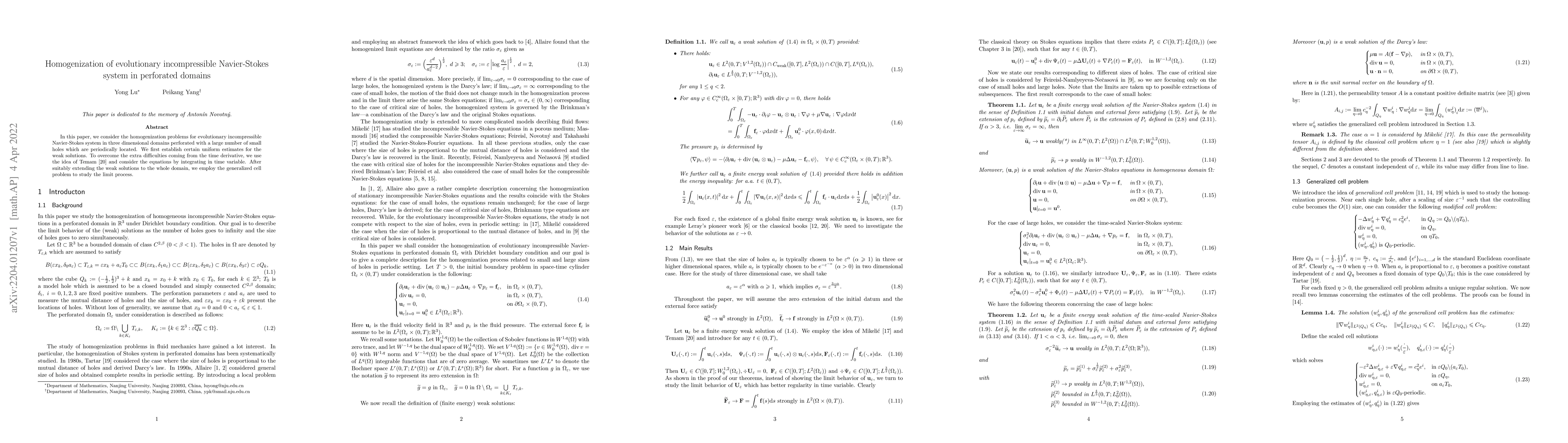 Thumbnail for Homogenization of evolutionary incompressible Navier-Stokes system in
  perforated domains
